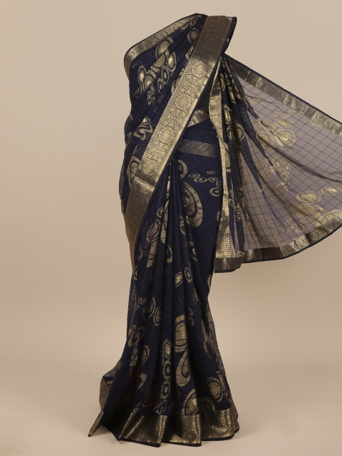 

Pothys Navy Blue & Gold-Toned Ethnic Motifs Zari Saree
