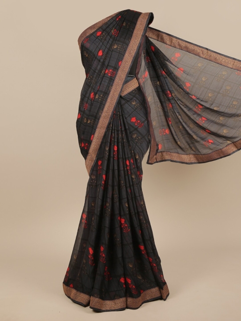 

Pothys Grey & Red Floral Zari Poly Chiffon Saree