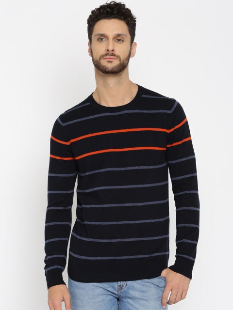 

SELA Men Navy Blue Striped Sweater