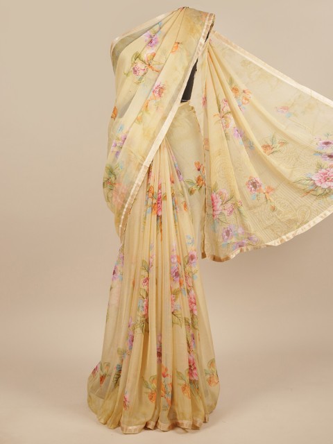 

Pothys Cream-Coloured & Pink Floral Saree
