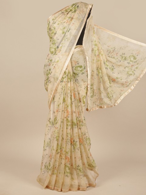 

Pothys Cream-Coloured & Green Floral Zari Saree