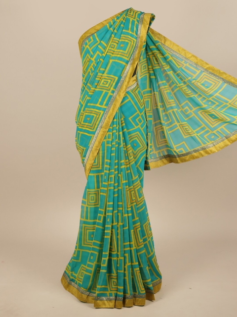 

Pothys Sea Green & Yellow Printed Poly Chiffon Saree