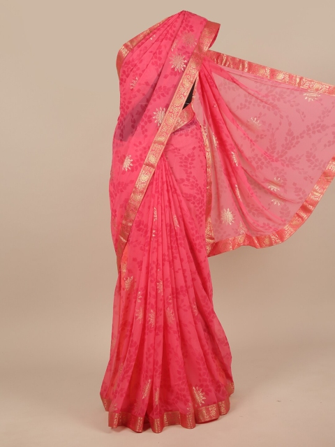 

Pothys Pink & Gold Floral Poly Chiffon Saree