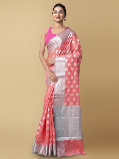 

Unnati Silks Coral & Silver-Toned Woven Design Zari Silk Cotton Banarasi Saree