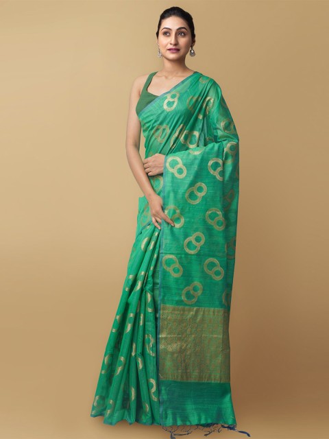 

Unnati Silks Green & Gold-Toned Woven Design Handloom Silk Cotton Banarasi Saree