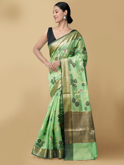 

Unnati Silks Green & Gold-Toned Woven Design Silk Cotton Banarasi Saree