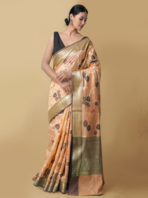 

Unnati Silks Orange & Brown Woven Design Handloom Silk Cotton Banarasi Saree