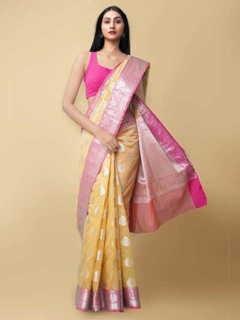 

Unnati Silks Yellow & Pink Woven Design Zari Silk Cotton Banarasi Saree