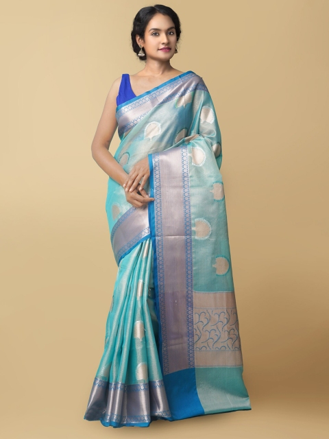 

Unnati Silks Blue & Gold-Toned Woven Design Handloom Silk Cotton Banarasi Saree