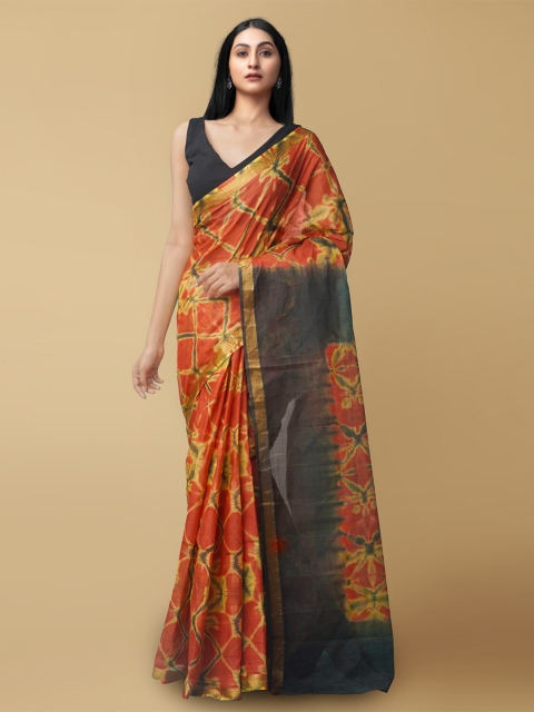 

Unnati Silks Orange & Black Leheriya Pure Cotton Leheriya Saree