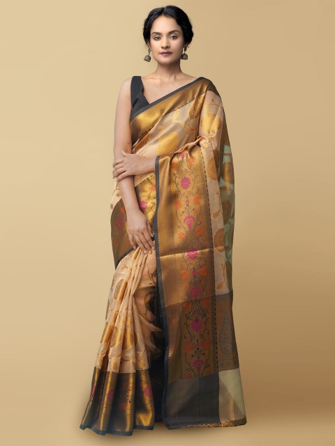 

Unnati Silks Brown & Navy Blue Woven Design Handloom Silk Cotton Banarasi Saree