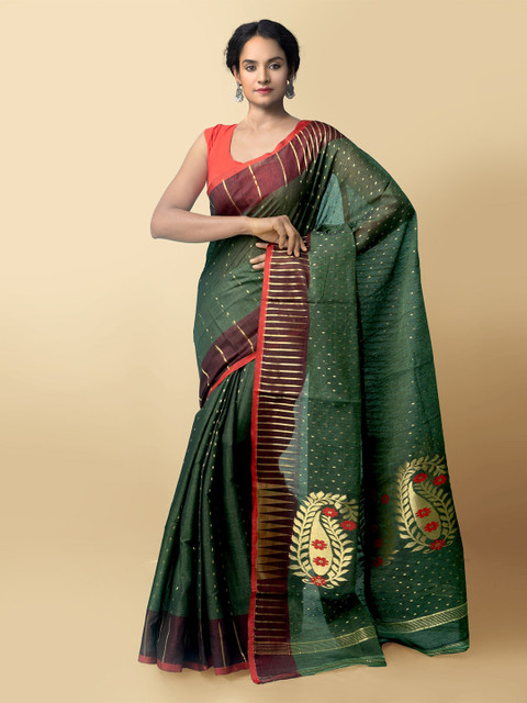 

Unnati Silks Green & Red Woven Design Zari Pure Silk Murshidabad Handloom Saree