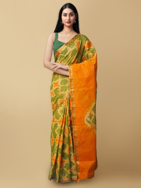 

Unnati Silks Green & Orange Handloom Pure Cotton Leheriya Saree