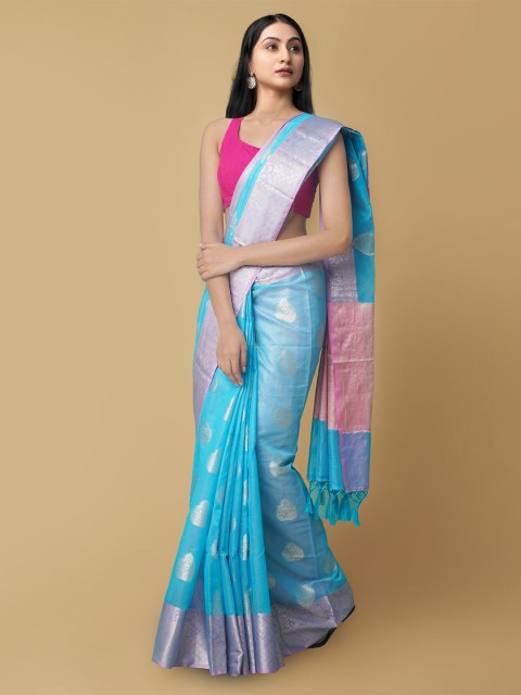 

Unnati Silks Blue & Pink Woven Design Zari Silk Cotton Banarasi Saree