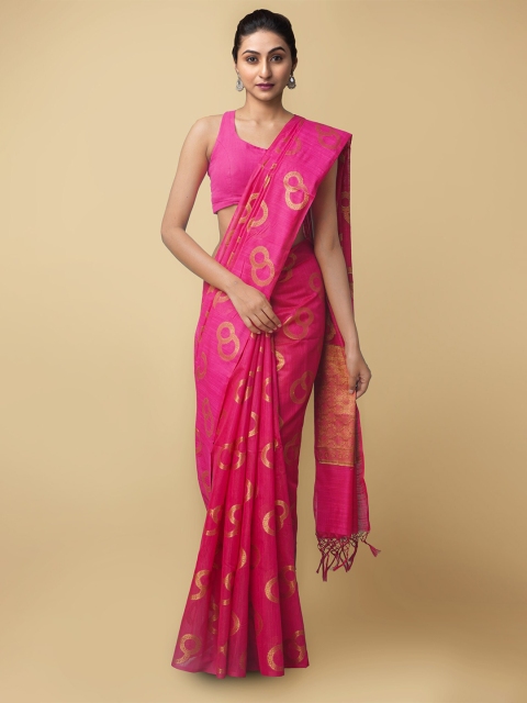 

Unnati Silks Pink & Gold-Toned Woven Design Zari Silk Cotton Banarasi Saree