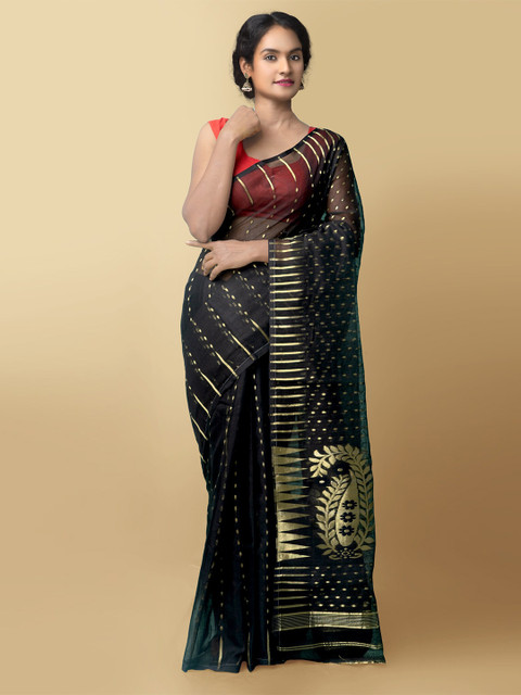 

Unnati Silks Black & Gold-Toned Woven Design Zari Pure Silk Handloom Murshidabad Saree