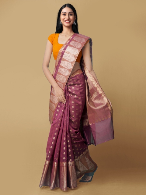 

Unnati Silks Purple Woven Design Zari Silk Cotton Banarasi Saree