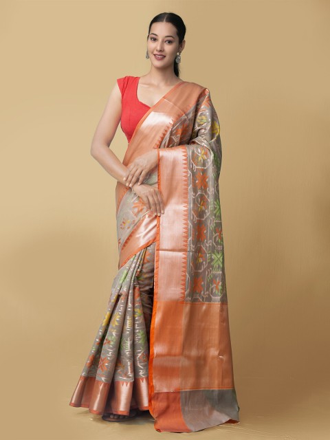 

Unnati Silks Grey & Orange Woven Design Silk Cotton Banarasi Saree