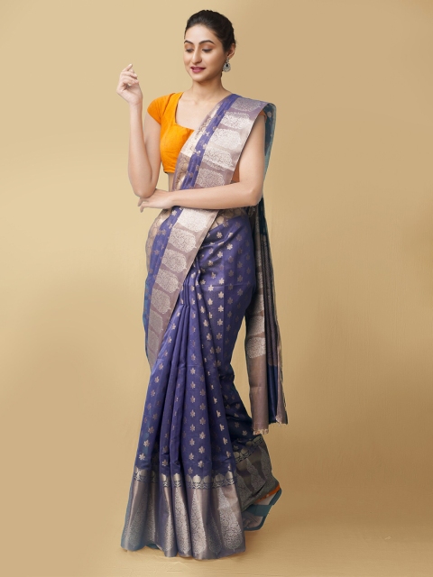 

Unnati Silks Blue Woven Design Handloom Silk Cotton Banarasi Saree