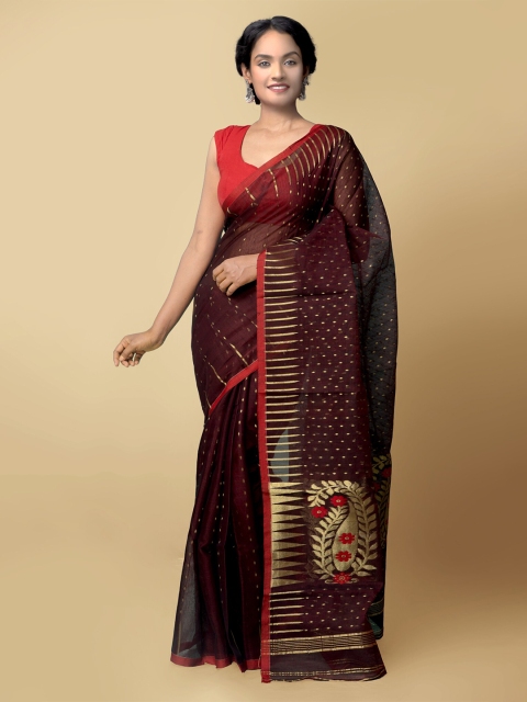 

Unnati Silks Maroon & Red Woven Design Zari Pure Silk Murshidabad silk Saree