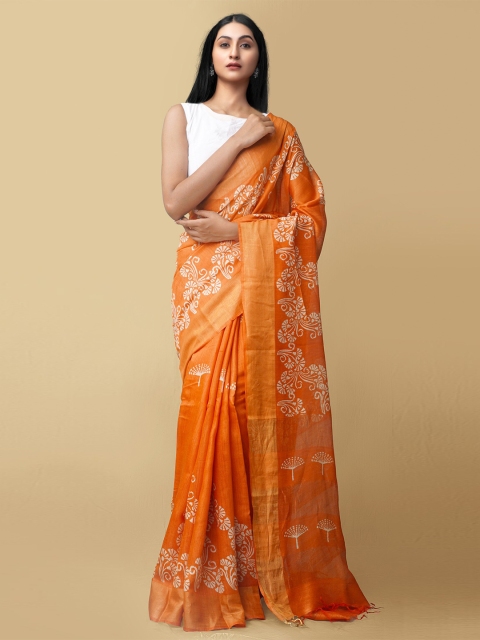 

Unnati Silks Orange & White Woven Design Zari Pure Silk Handloom Muga Saree