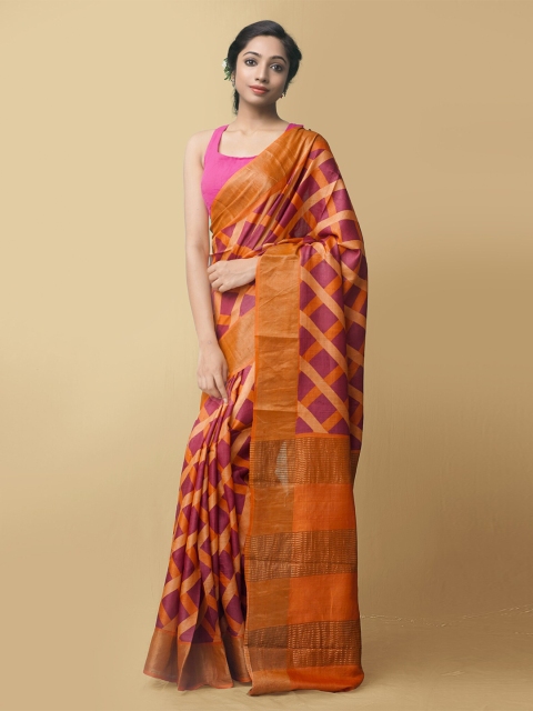 

Unnati Silks Orange & Purple Woven Design Zari Pure Silk Handloom Muga Saree