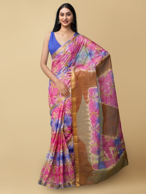 

Unnati Silks Women Pink & Blue Pure Shibori Cotton Sustainable Saree