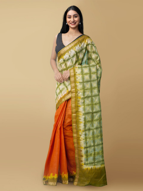 

Unnati Silks Orange & Green Handloom Pure Cotton Leheriya Saree