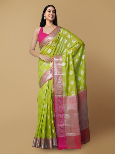 

Unnati Silks Green & Pink Woven Design Zari Silk Cotton Banarasi Saree