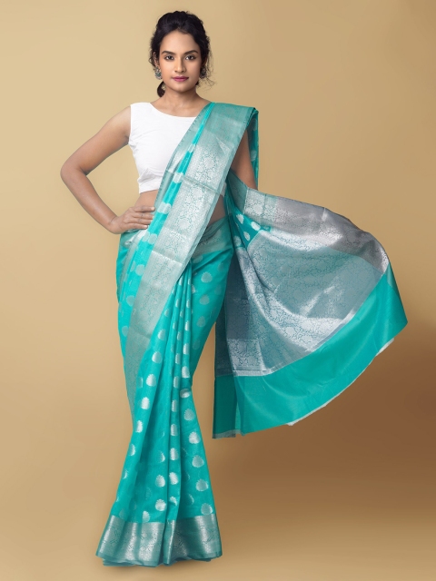 

Unnati Silks Green & Silver-Toned Woven Design Zari Silk Cotton Banarasi Saree