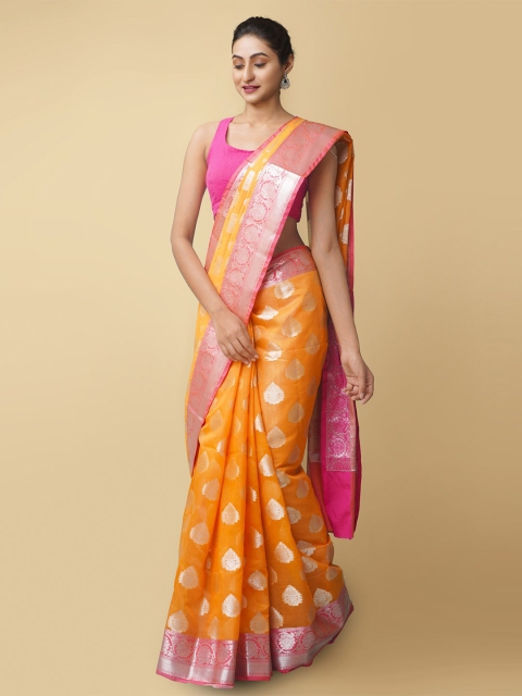 

Unnati Silks Orange & Pink Woven Design Handloom Silk Cotton Banarasi Saree