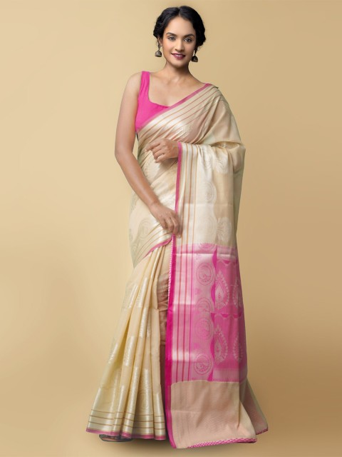 

Unnati Silks Beige & Pink Woven Design Zari Silk Cotton Banarasi Saree