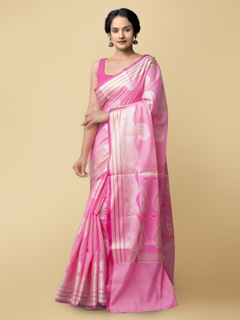 

Unnati Silks Pink & Silver-Toned Woven Design Zari Silk Cotton Banarasi Saree