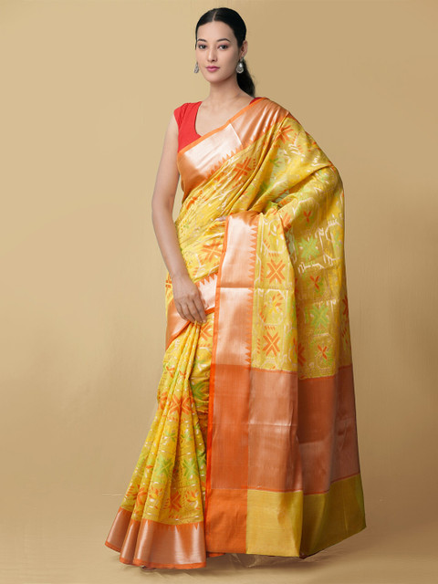 

Unnati Silks Yellow & Orange Woven Design Silk Cotton Banarasi Saree