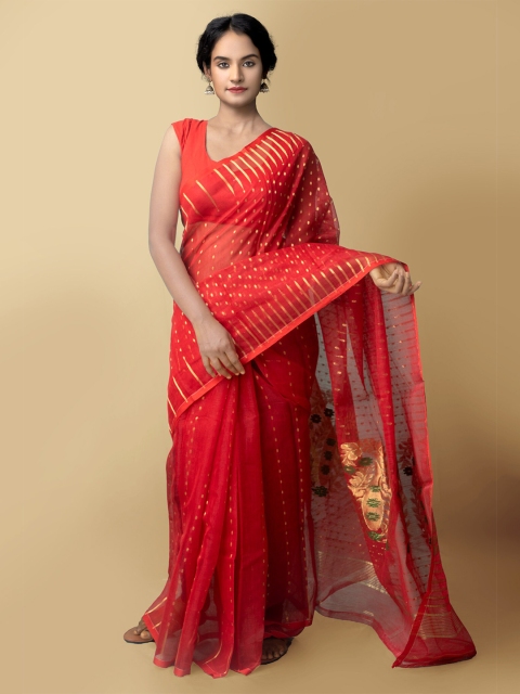 

Unnati Silks Red & Green Woven Design Zari Pure Silk Murshidabad Handloom Saree