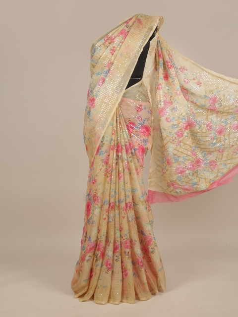 

Pothys Cream-Coloured & Pink Floral Sequinned Saree