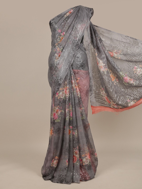 

Pothys Grey & Pink Floral Sequinned Saree