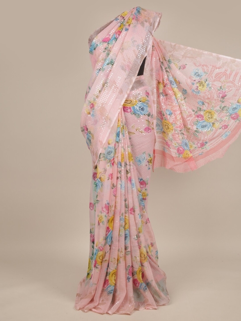 

Pothys Pink & Blue Floral Sequinned Poly Chiffon Saree