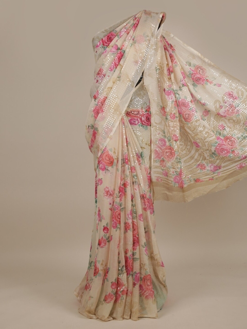 

Pothys Cream-Coloured & Red Floral Sequinned Saree