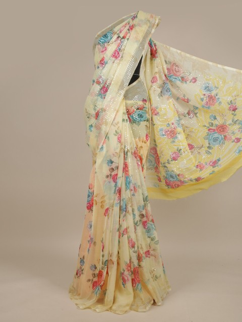 

Pothys Yellow & Blue Floral Sequinned Saree