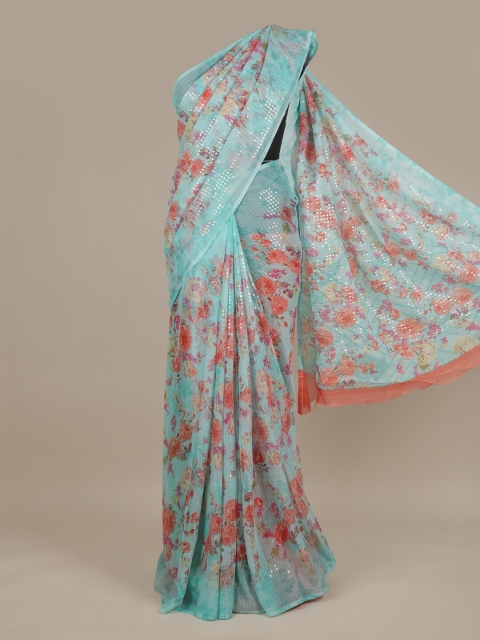 

Pothys Blue & Red Floral Sequinned Saree