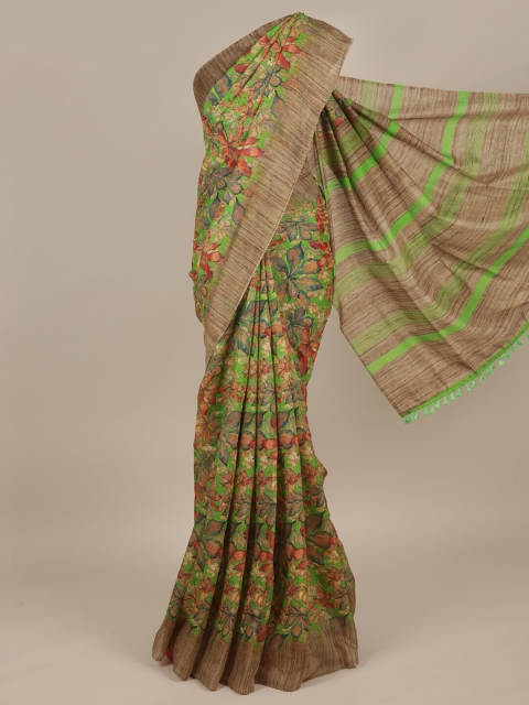 

Pothys Green & Brown Floral Jute Silk Saree