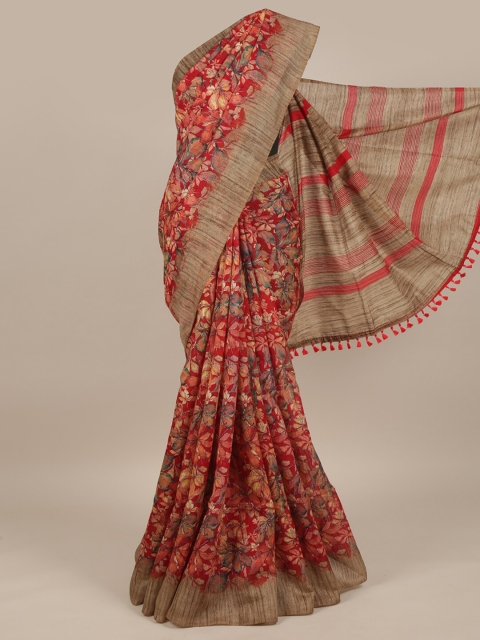 

Pothys Red & Taupe Floral Jute Silk Saree