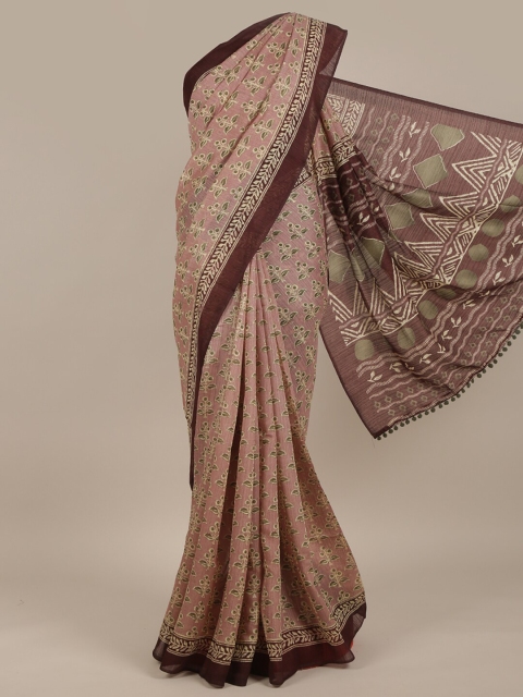 

Pothys Peach-Coloured & Green Floral Jute Silk Saree