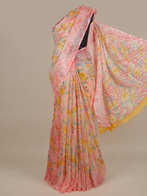 

Pothys Pink & Yellow Floral Sequinned Saree