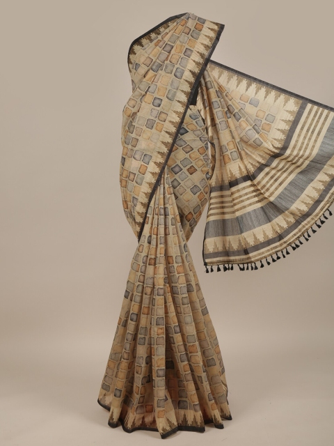 

Pothys Beige & Black Geometric Printed Jute Silk Saree