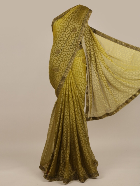 

Pothys Green & Gold-Toned Floral Beads and Stones Saree