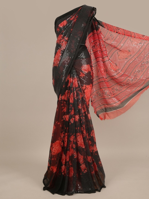 

Pothys Black & Orange Floral Sequinned Saree