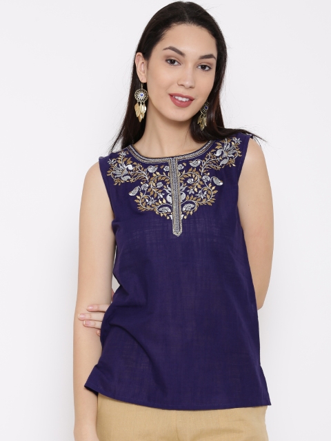 

AURELIA Navy Embroidered Pure Cotton Kurti, Navy blue