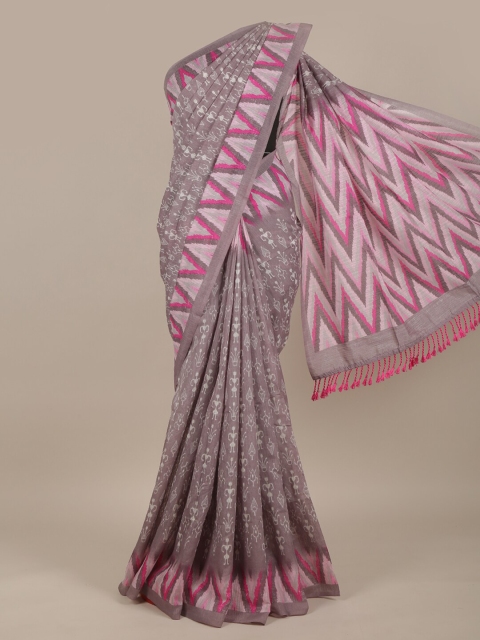 

Pothys Grey & Pink Floral Jute Silk Saree